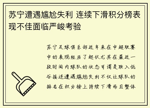苏宁遭遇尴尬失利 连续下滑积分榜表现不佳面临严峻考验