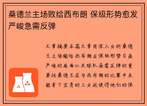 桑德兰主场败给西布朗 保级形势愈发严峻急需反弹