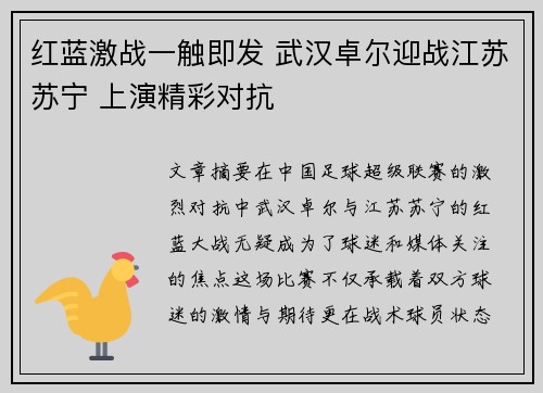 红蓝激战一触即发 武汉卓尔迎战江苏苏宁 上演精彩对抗