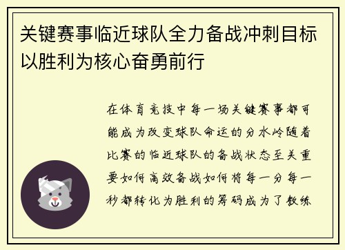 关键赛事临近球队全力备战冲刺目标以胜利为核心奋勇前行
